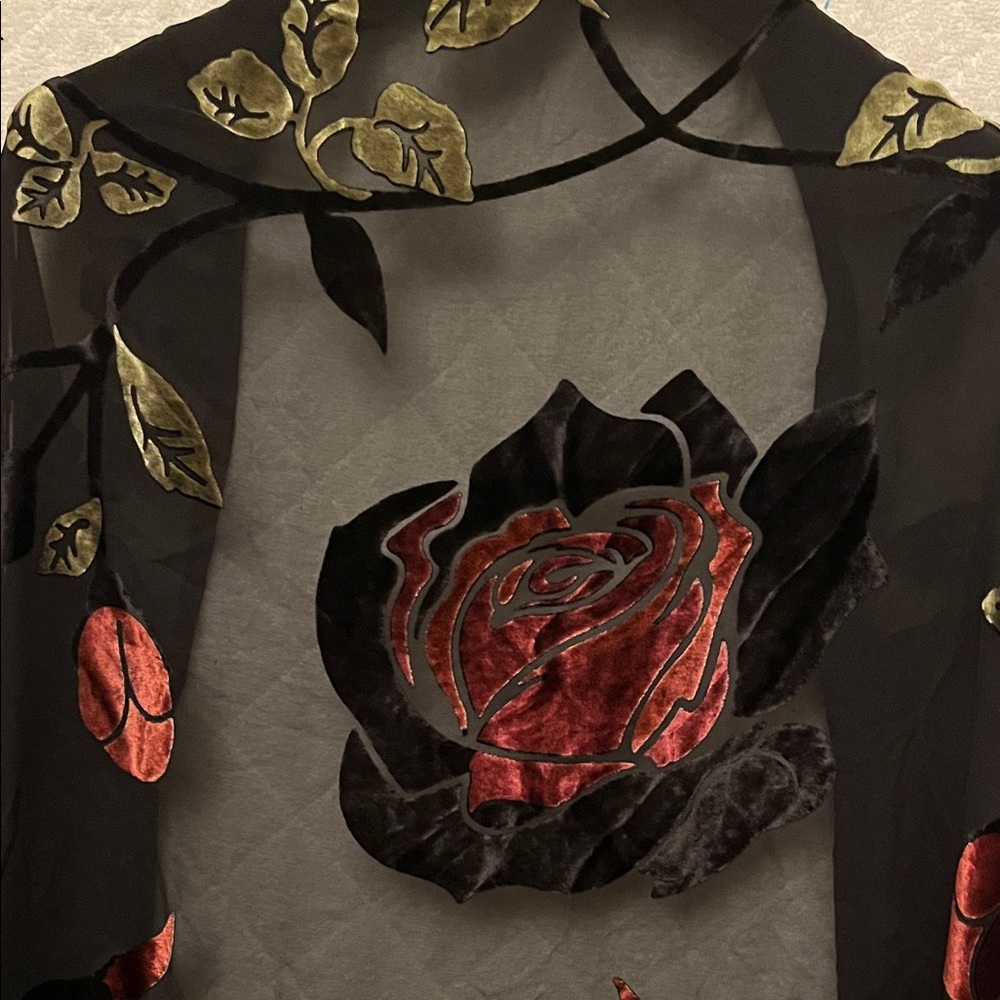 Vintage FF Collection Black Silk Floral Velvet Shawl - Picture 6 of 10